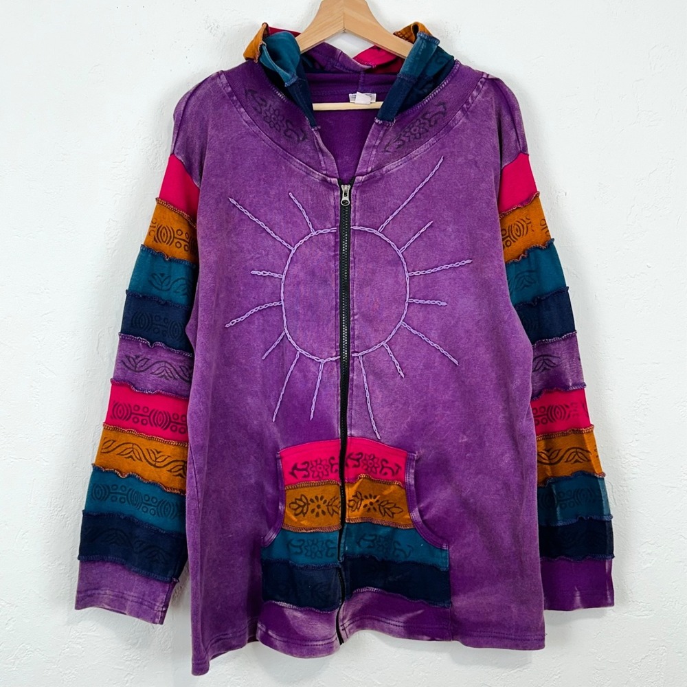 Festival Hippie Boho Sweatshirt Size 1X Purple Multicolored Rainbow Zip Hoodie